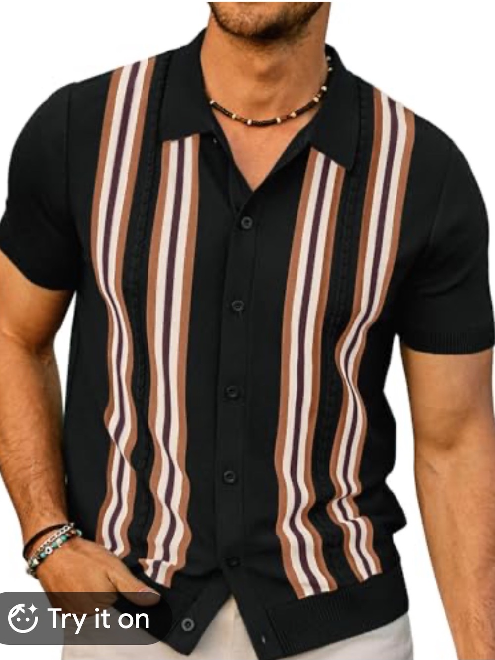 PJ Paul Jones Knit Button Down Shirt Mens 2XL Brown Stripe Bowling Retro Polo
